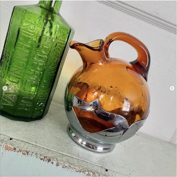 Vintage Amber Brown Glass Decanter Pitcher Silver Krome Kraft Barware Farber - Picture 4 of 8